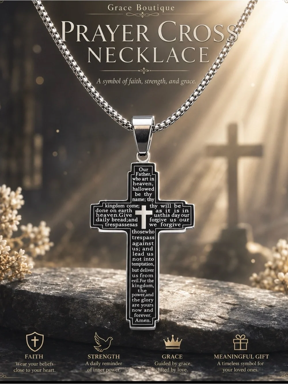 Grace Boutique Prayer Cross Necklace - Silver Cross on Silver Chain